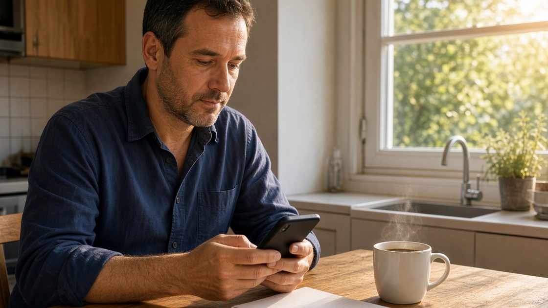 Artisan du bâtiment qui prépare un devis sur son téléphone le matin, charge mentale de l'artisan