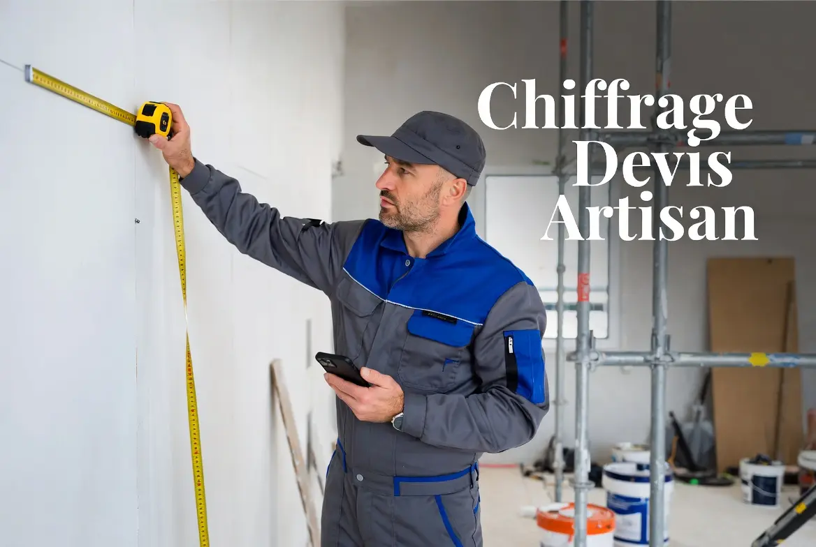 Artisan du bâtiment chiffrant un devis sur son smartphone depuis le chantier