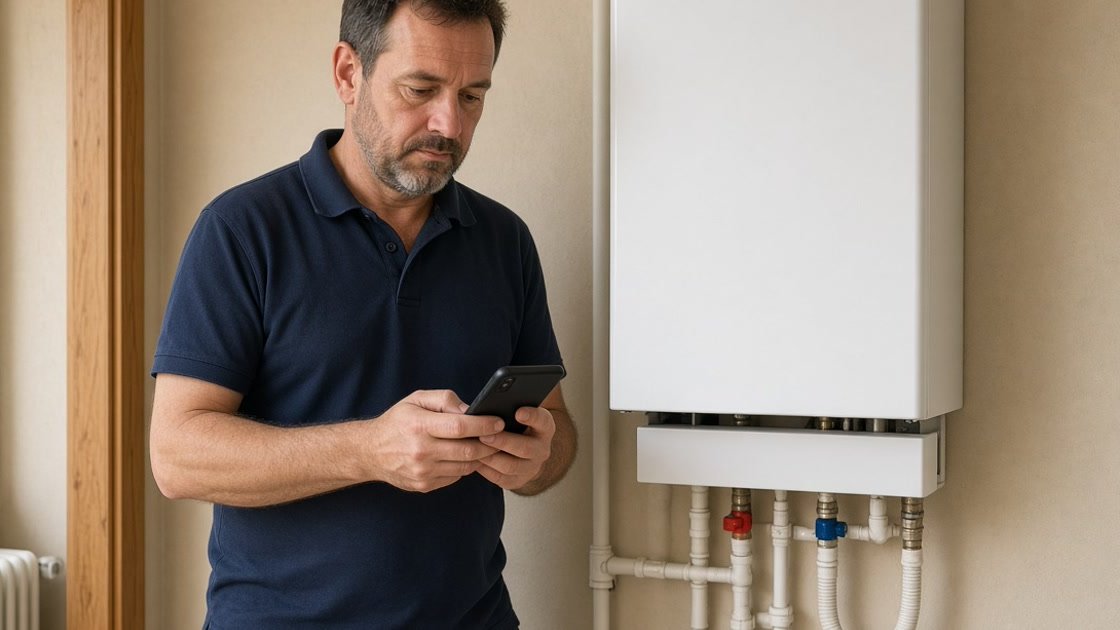 Chauffagiste devant une chaudière murale qui consulte son téléphone, contrat d'entretien artisan