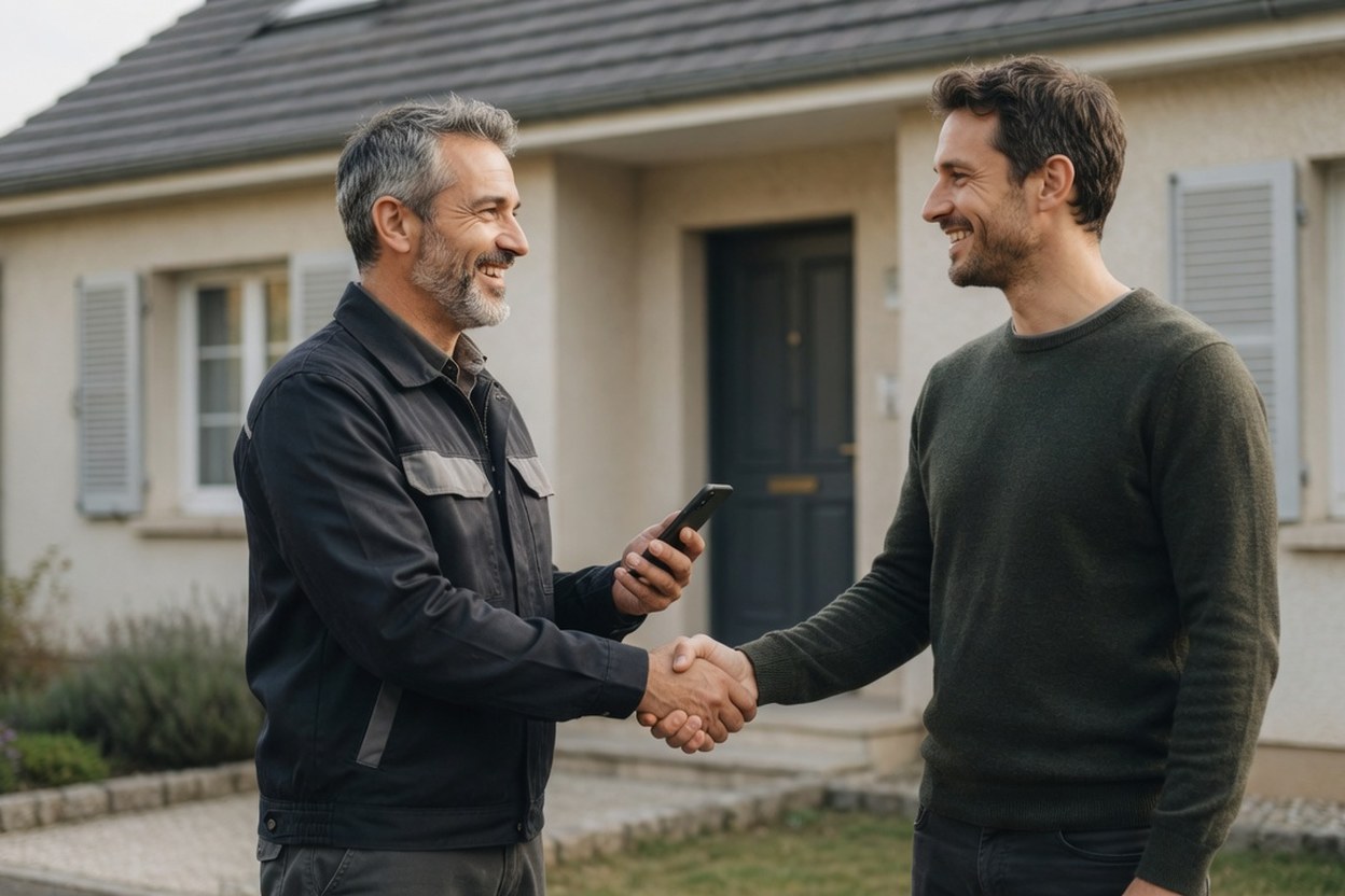 E-reporting artisan BTP : artisan remettant sa facture sur mobile à un client particulier devant sa maison