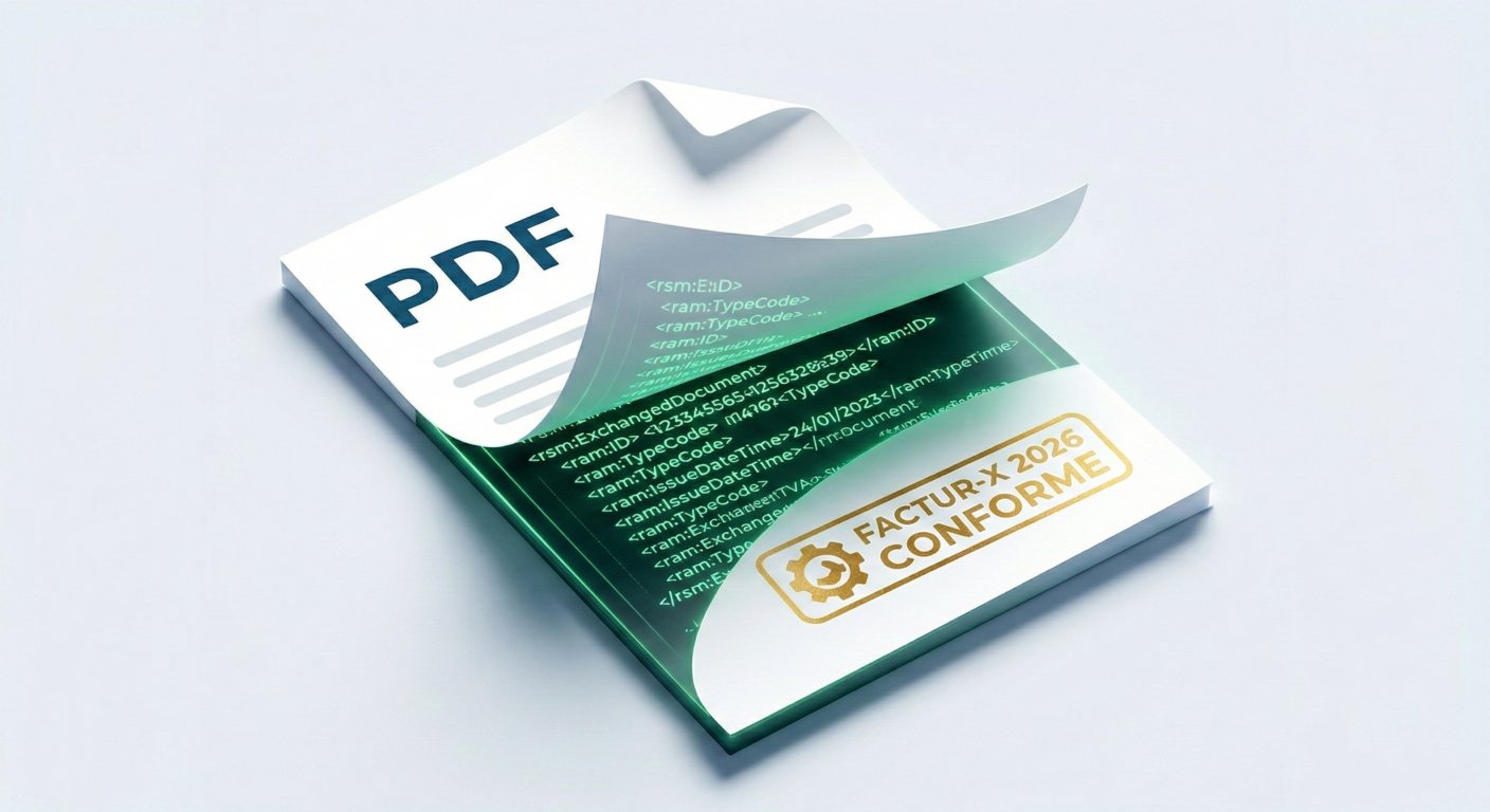 Format Factur-X : un PDF visible avec un fichier XML structuré intégré dessous, conforme à la norme EN 16931