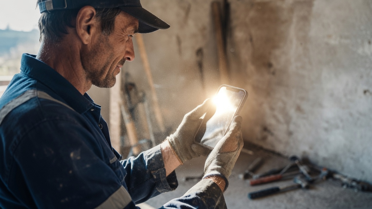 Artisan du bâtiment sur un chantier consultant un devis sur son téléphone