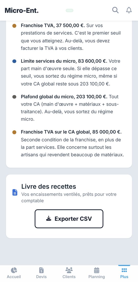 Seuils du régime micro et livre des recettes avec le bouton Exporter CSV dans ArtisanSmart