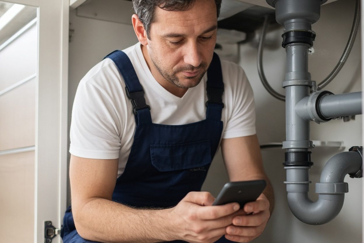 Artisan plombier consultant son logiciel de devis sur smartphone sous un évier