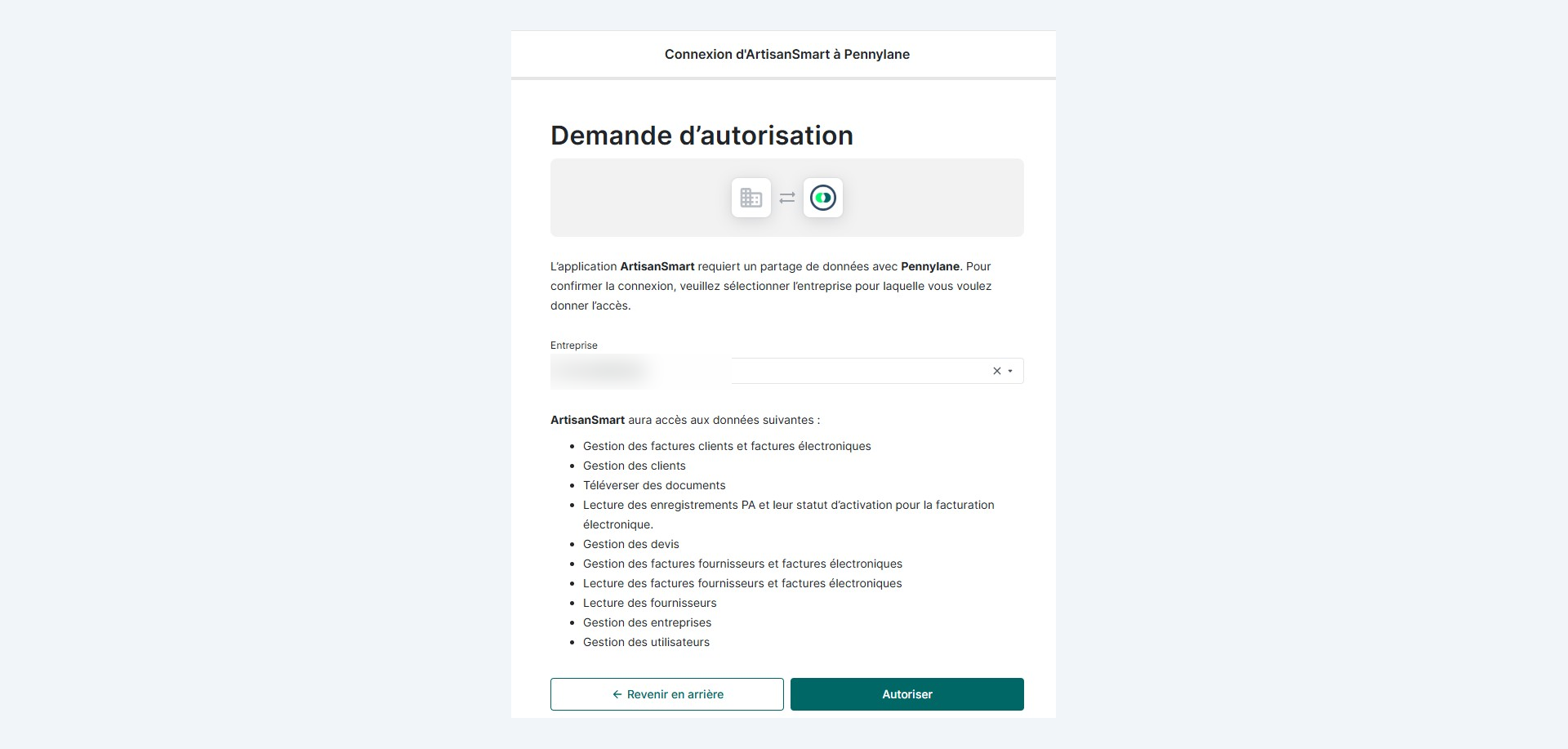 Écran d'autorisation de connexion entre ArtisanSmart et la Plateforme Agréée Pennylane